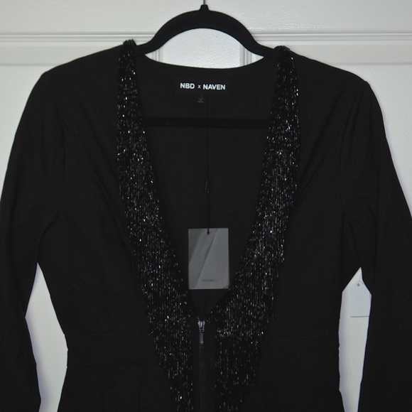 NWT NBD X NAVEN Millie Beaded Plunge Neck Zip Front Black Mini Dress Size Small - Picture 5 of 7
